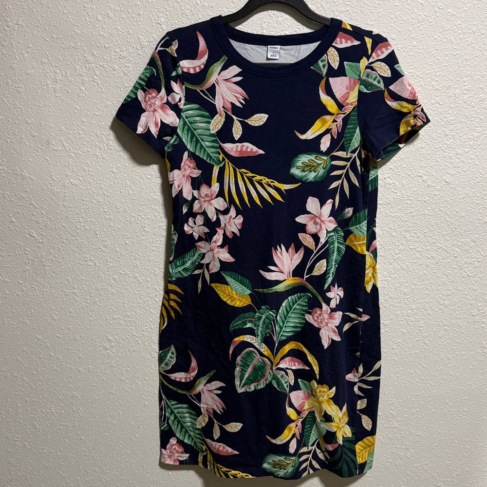 Old Navy Womens Navy Blue Tropical Floral Cotton Modal T-Shirt Dress Knit Small - Picture 2 of 7